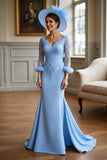 Sky Blue Mermaid 3/4 Sleeves Long Mother Of The Bride Dress With Appliques