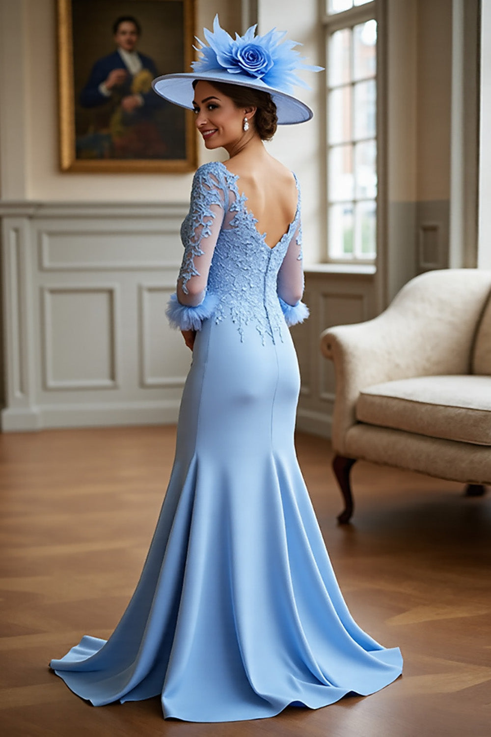 Sky Blue Mermaid 3/4 Sleeves Long Mother Of The Bride Dress With Appliques