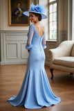 Sky Blue Mermaid 3/4 Sleeves Long Mother Of The Bride Dress With Appliques