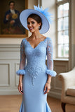 Sky Blue Mermaid 3/4 Sleeves Long Mother Of The Bride Dress With Appliques