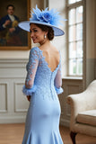 Sky Blue Mermaid 3/4 Sleeves Long Mother Of The Bride Dress With Appliques