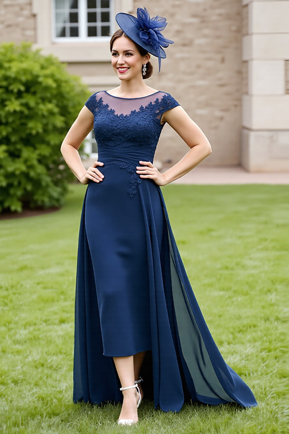 Navy Chiffon A Line Long Mother Of The Bride Dress With Appliques