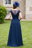 Navy Chiffon A Line Long Mother Of The Bride Dress With Appliques