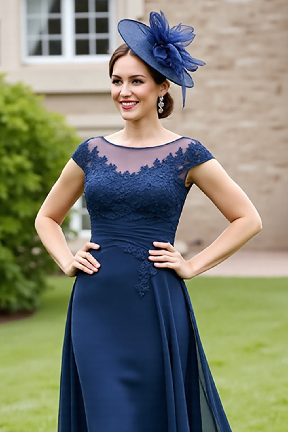 Navy Chiffon A Line Long Mother Of The Bride Dress With Appliques