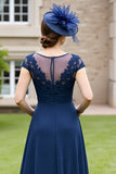 Navy Chiffon A Line Long Mother Of The Bride Dress With Appliques