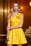 Yellow A Line Satin One Shoulder Floral Mini Cocktail Dress
