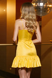 Yellow A Line Satin Ruffled Corset Mini Cocktail Dress