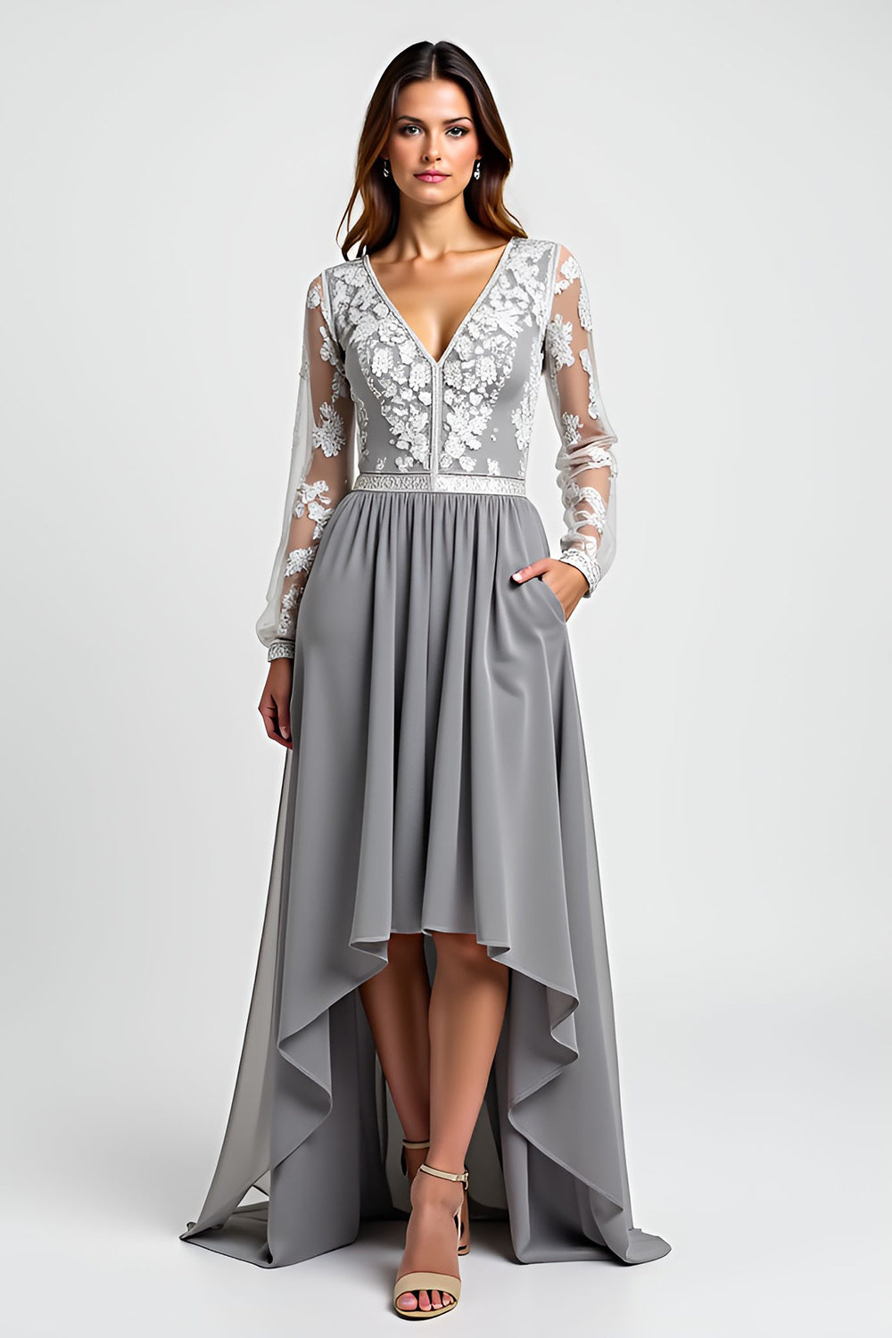 Silver A Line Long Sleeves Asymmetrical Mother Of The Bride Dress With Appliques