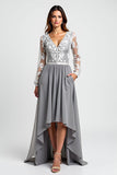 Silver A Line Long Sleeves Asymmetrical Mother Of The Bride Dress With Appliques