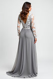 Silver A Line Long Sleeves Asymmetrical Mother Of The Bride Dress With Appliques