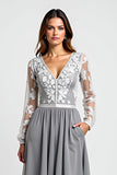 Silver A Line Long Sleeves Asymmetrical Mother Of The Bride Dress With Appliques