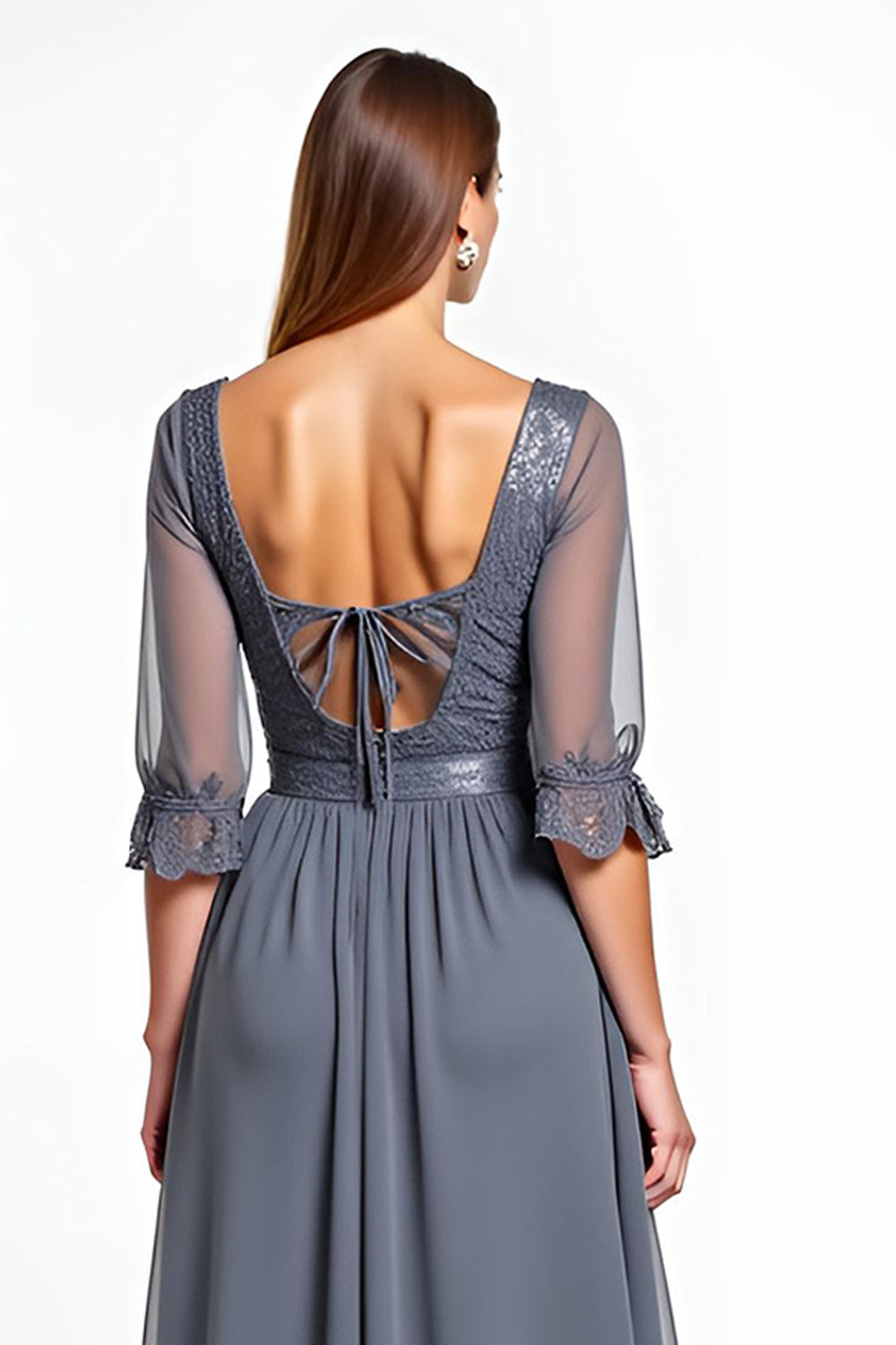 Steel Grey Corset V Neck A Line Half Sleeves Long Mother Of The Bride Dress