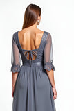Steel Grey Corset V Neck A Line Half Sleeves Long Mother Of The Bride Dress