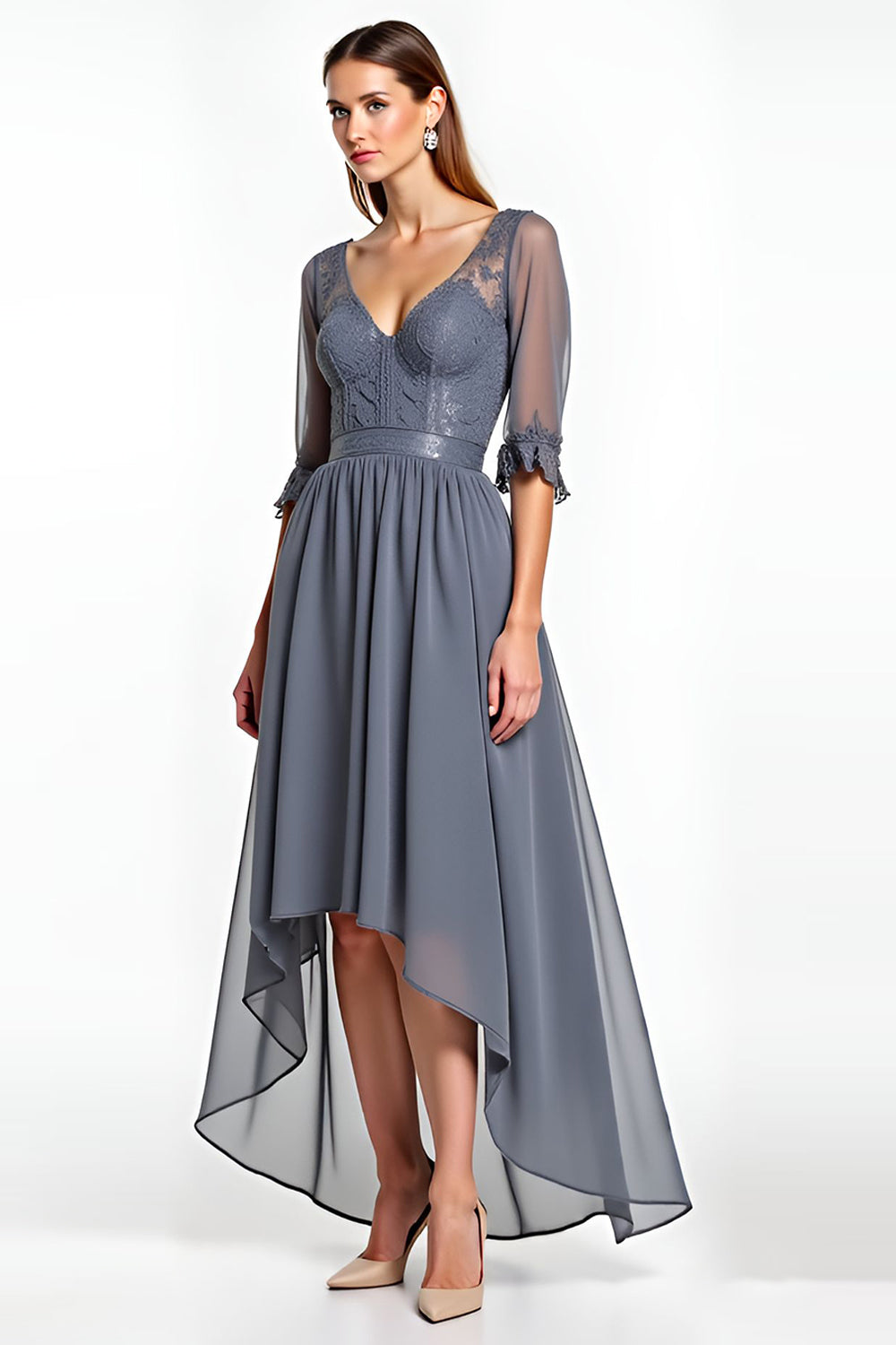 Steel Grey Corset V Neck A Line Half Sleeves Long Mother Of The Bride Dress