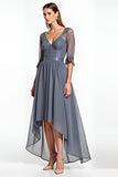 Steel Grey Corset V Neck A Line Half Sleeves Long Mother Of The Bride Dress