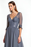 Steel Grey Corset V Neck A Line Half Sleeves Long Mother Of The Bride Dress