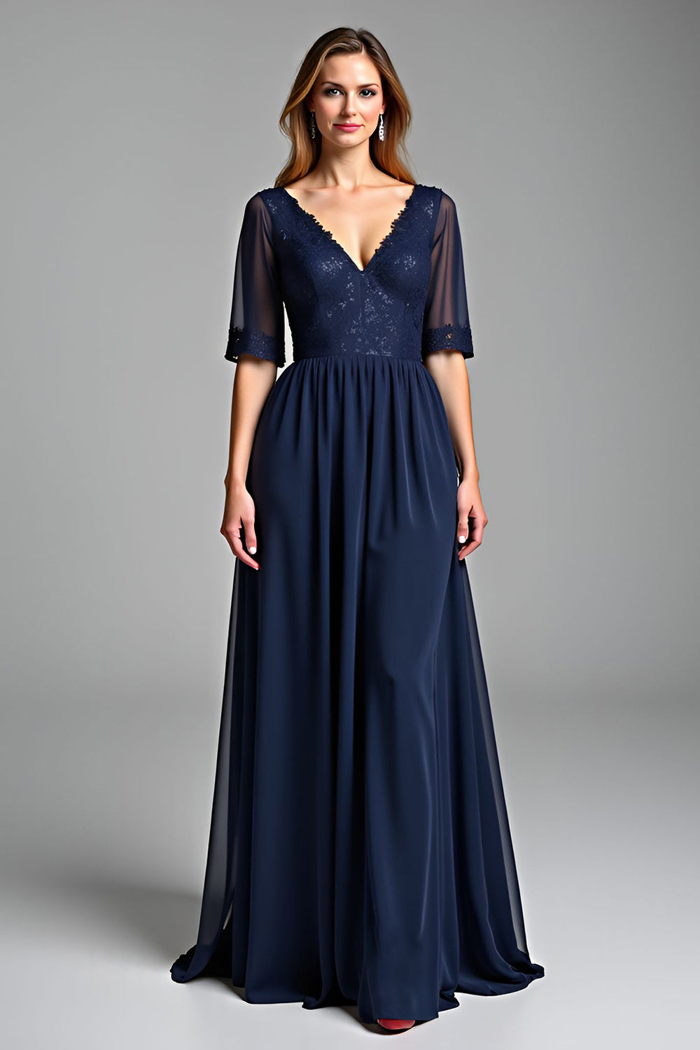 Navy A Line V Neck Long Mother Of The Bride Dress with Half Sleeves