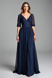 Navy A Line V Neck Long Mother Of The Bride Dress with Half Sleeves