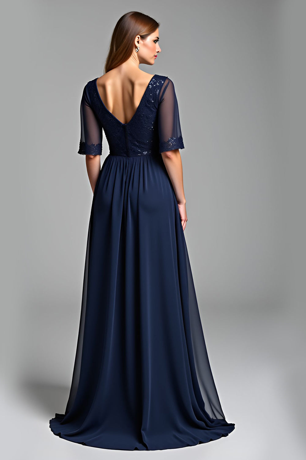 Navy A Line V Neck Long Mother Of The Bride Dress with Half Sleeves
