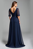 Navy A Line V Neck Long Mother Of The Bride Dress with Half Sleeves
