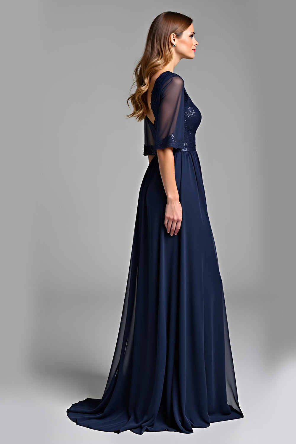 Navy A Line V Neck Long Mother Of The Bride Dress with Half Sleeves