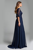 Navy A Line V Neck Long Mother Of The Bride Dress with Half Sleeves