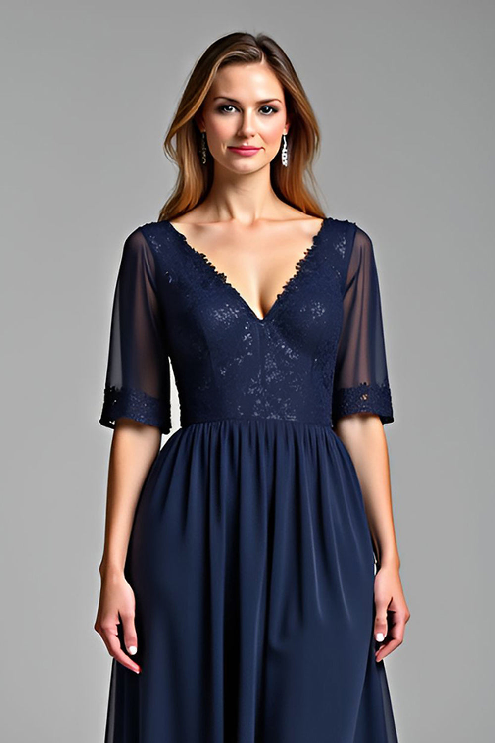 Navy A Line V Neck Long Mother Of The Bride Dress with Half Sleeves