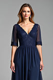 Navy A Line V Neck Long Mother Of The Bride Dress with Half Sleeves