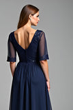 Navy A Line V Neck Long Mother Of The Bride Dress with Half Sleeves