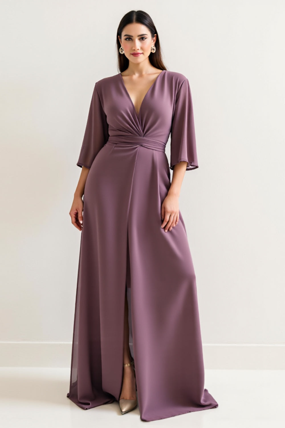 Purple Satin A Line V Neck Long Mother Of The Bride Dress With Slit