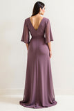 Purple Satin A Line V Neck Long Mother Of The Bride Dress With Slit