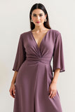 Purple Satin A Line V Neck Long Mother Of The Bride Dress With Slit