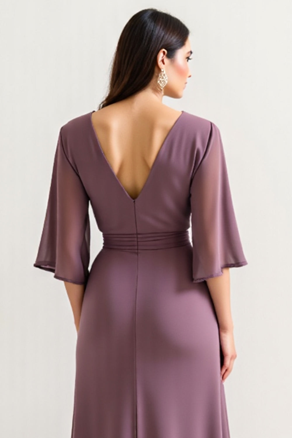 Purple Satin A Line V Neck Long Mother Of The Bride Dress With Slit