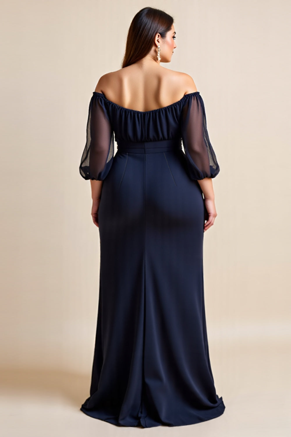 Navy Off The Shoulder Ruched Plus Size Long Mother Of The Bride Dress With Slit