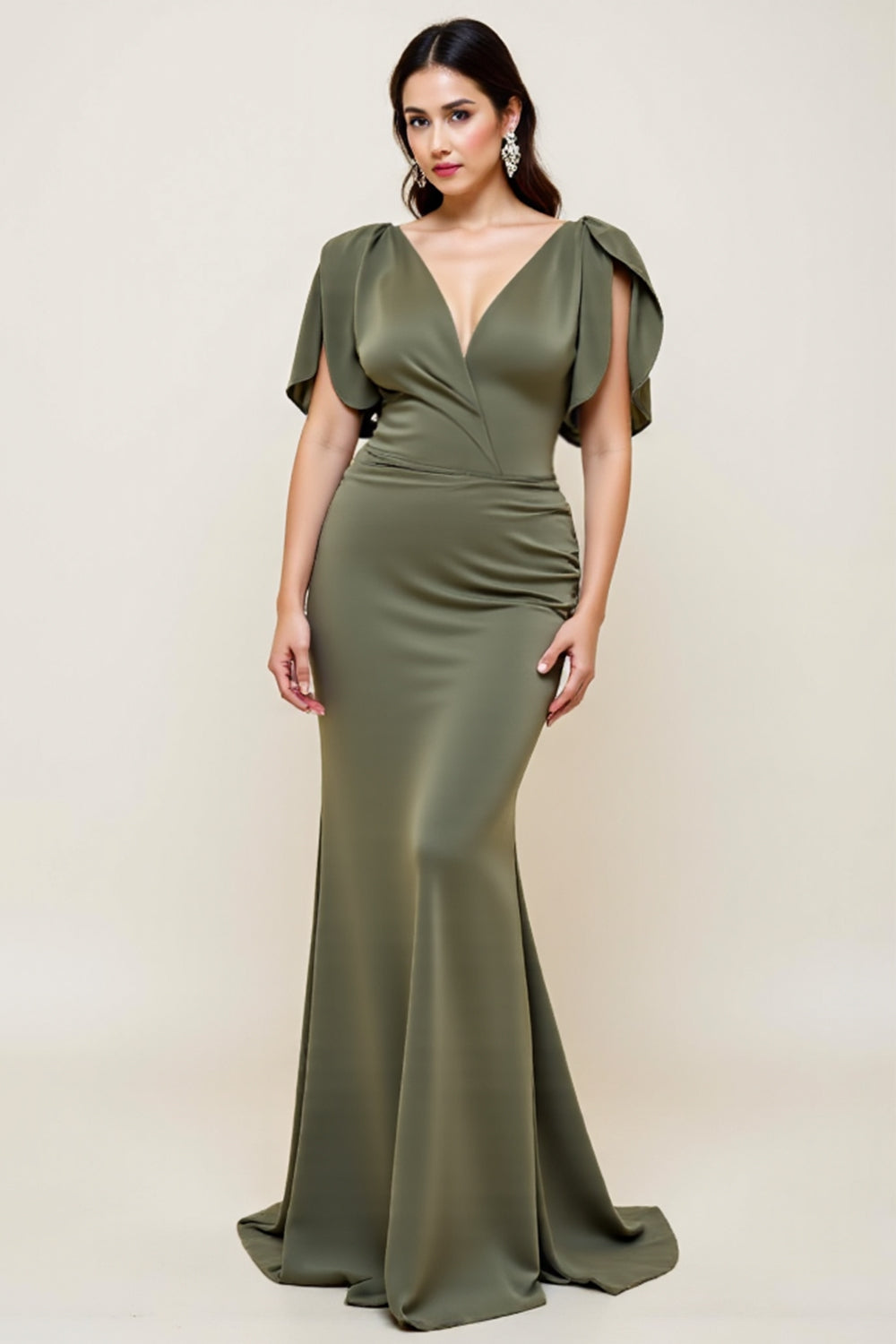 Olive V Neck Mermaid Plus Size Long Mother Of The Bride Dress
