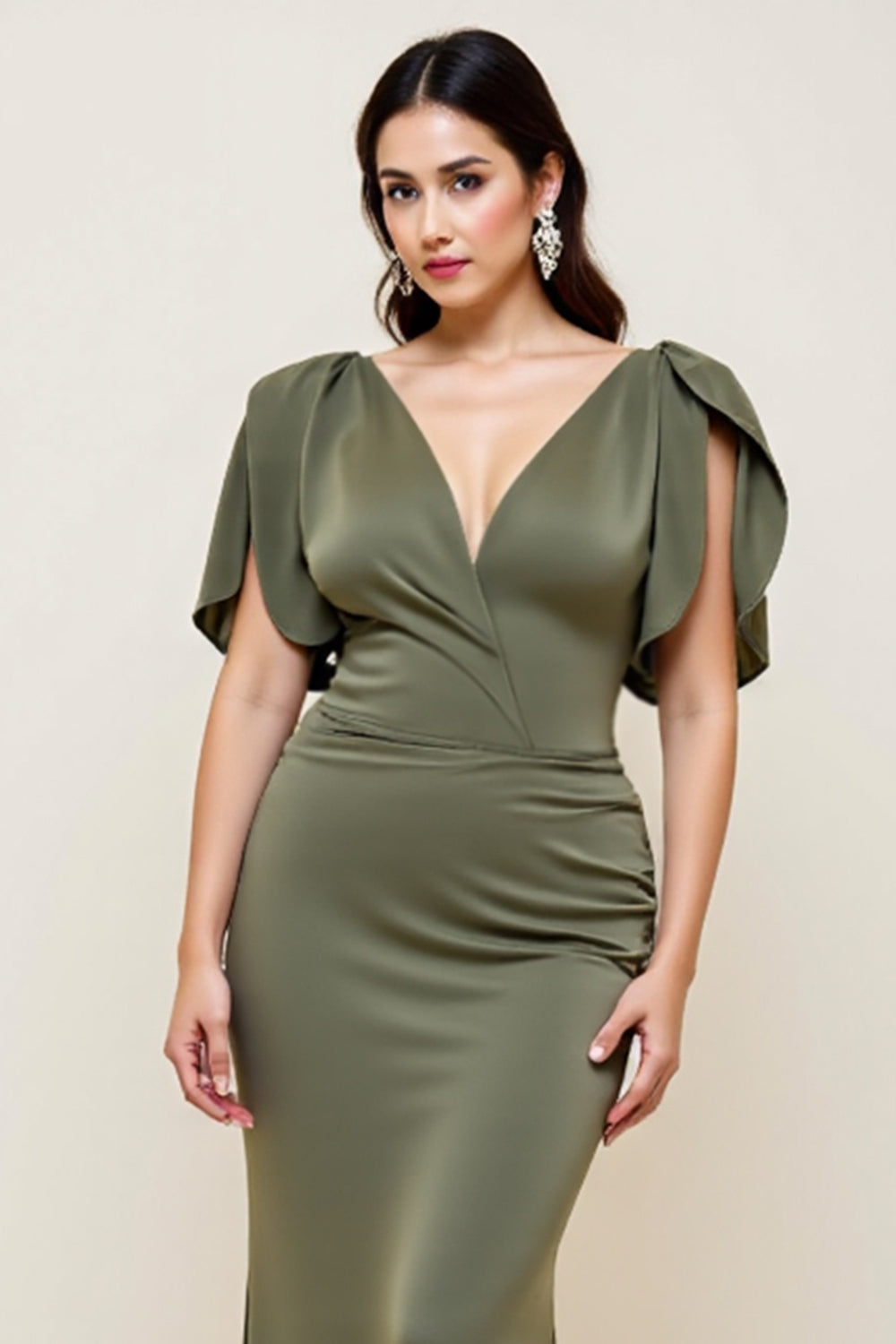 Olive V Neck Mermaid Plus Size Long Mother Of The Bride Dress