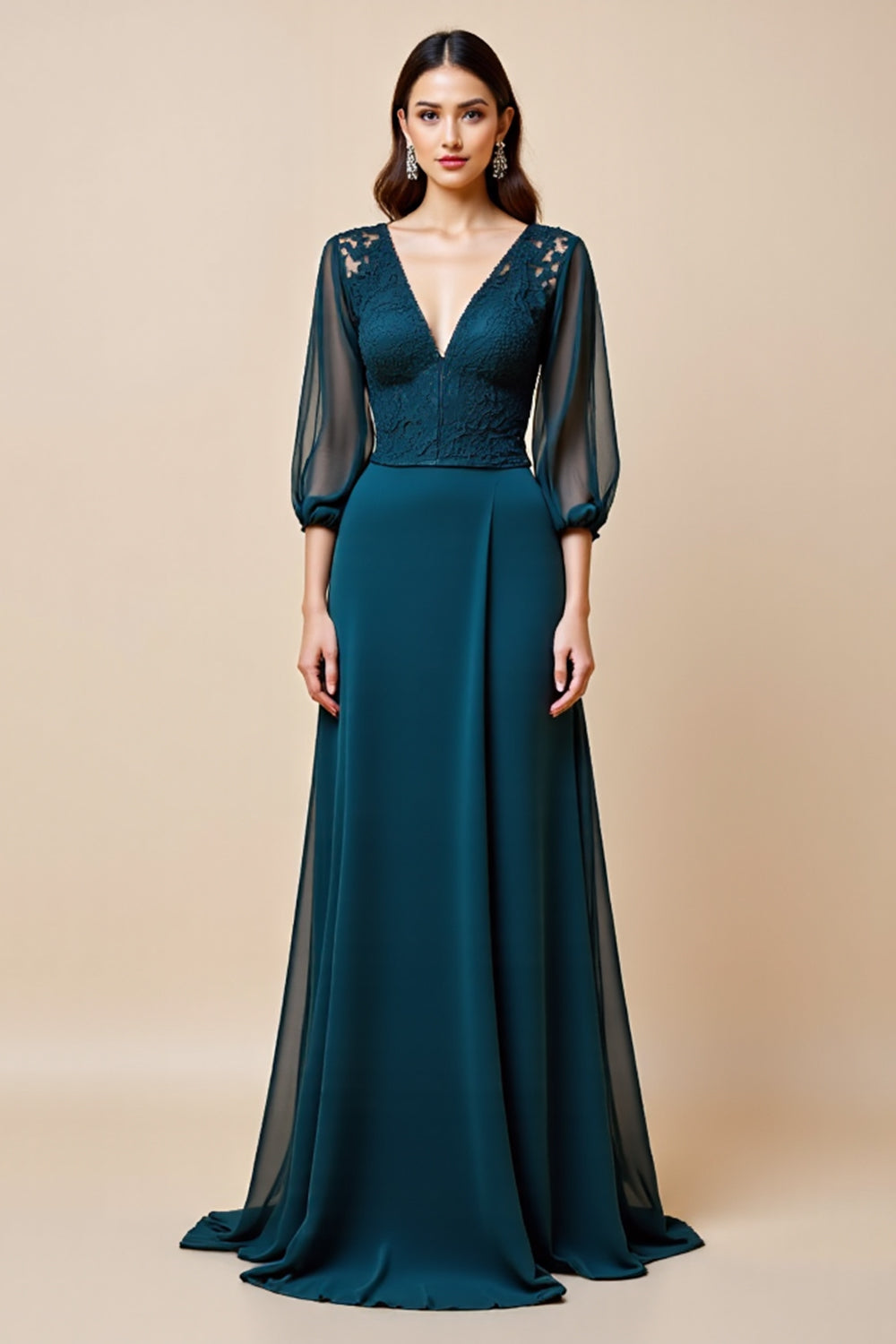 Peacock Blue V Neck A Line 3/4 Sleeves Long Mother Of The Bride Dress With Appliques