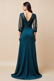Peacock Blue V Neck A Line 3/4 Sleeves Long Mother Of The Bride Dress With Appliques