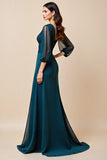 Peacock Blue V Neck A Line 3/4 Sleeves Long Mother Of The Bride Dress With Appliques