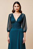 Peacock Blue V Neck A Line 3/4 Sleeves Long Mother Of The Bride Dress With Appliques