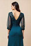 Peacock Blue V Neck A Line 3/4 Sleeves Long Mother Of The Bride Dress With Appliques