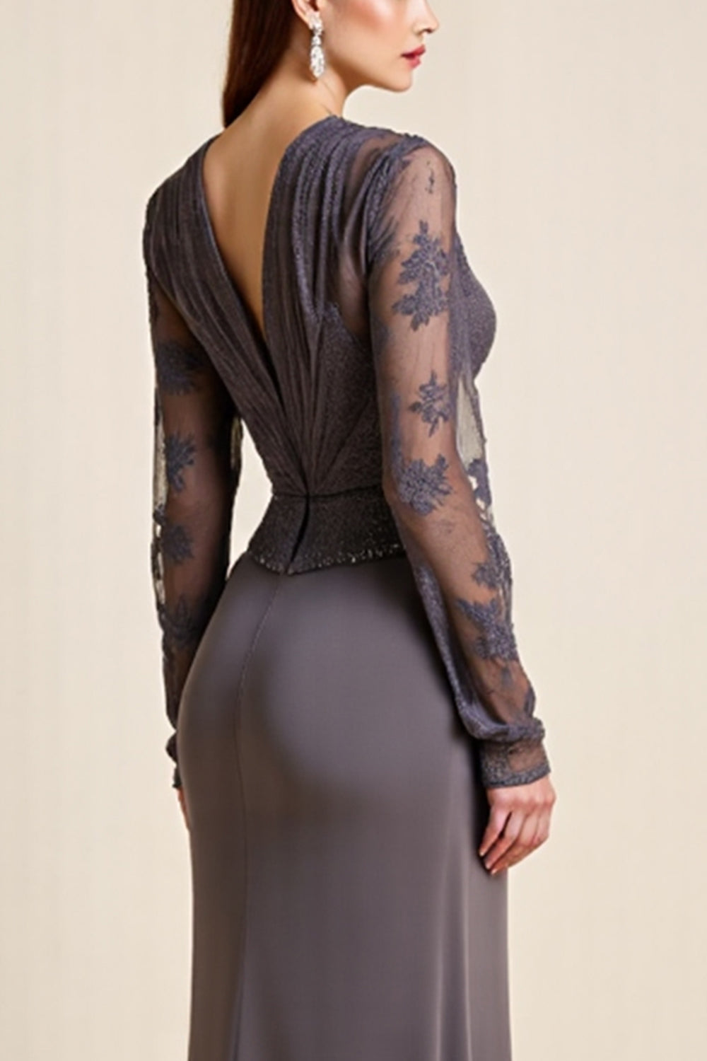 Sparkly Steel Grey Long Sleeves Beaded Sheath Mother Of The Bride Dress