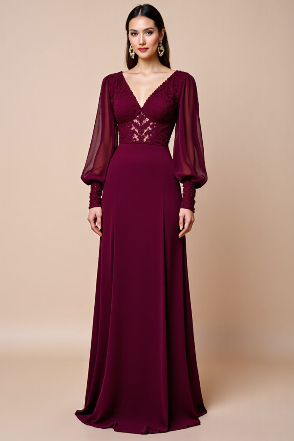 Burgundy Long Sleeves V Neck Mother Of The Bride Dress With Appliques