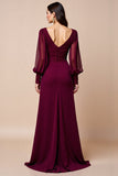 Burgundy Long Sleeves V Neck Mother Of The Bride Dress With Appliques