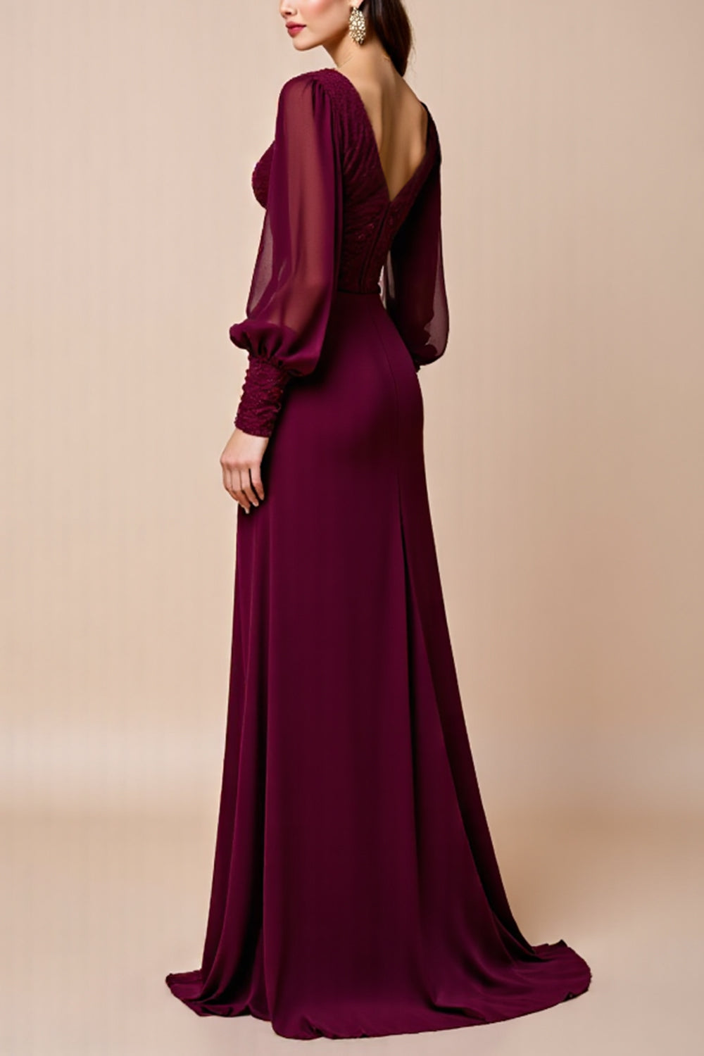 Burgundy Long Sleeves V Neck Mother Of The Bride Dress With Appliques