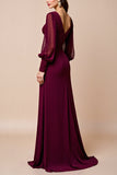 Burgundy Long Sleeves V Neck Mother Of The Bride Dress With Appliques