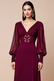 Burgundy Long Sleeves V Neck Mother Of The Bride Dress With Appliques