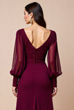 Burgundy Long Sleeves V Neck Mother Of The Bride Dress With Appliques