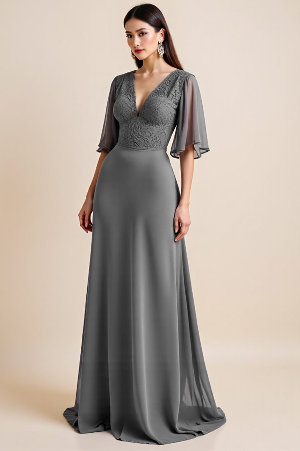Steel Grey Corset V Neck Long Mother Of The Bride Dress with Half Sleeves