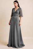 Steel Grey Corset V Neck Long Mother Of The Bride Dress with Half Sleeves